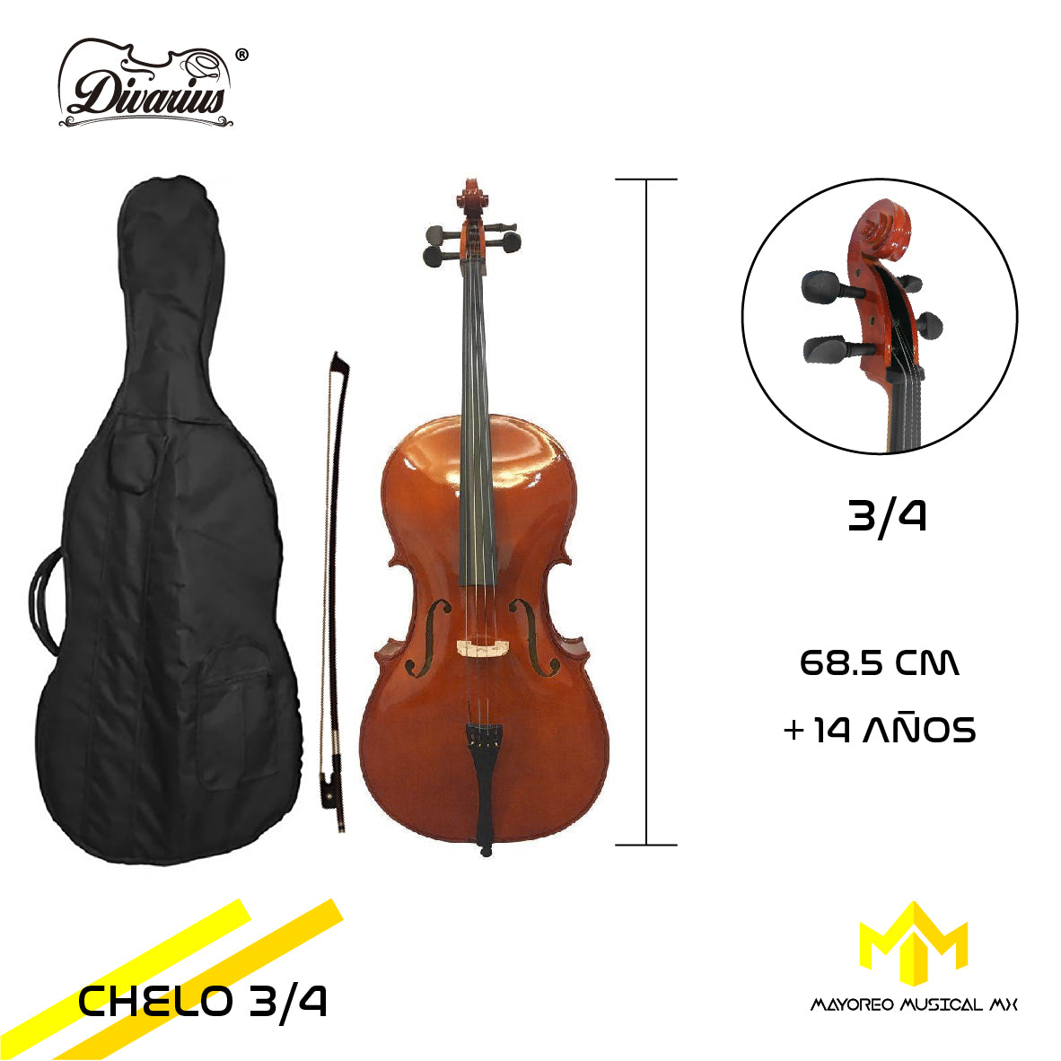 Chelo Cello Estudiante 4/4 Natural Divarius 3/4 1/2 1/4